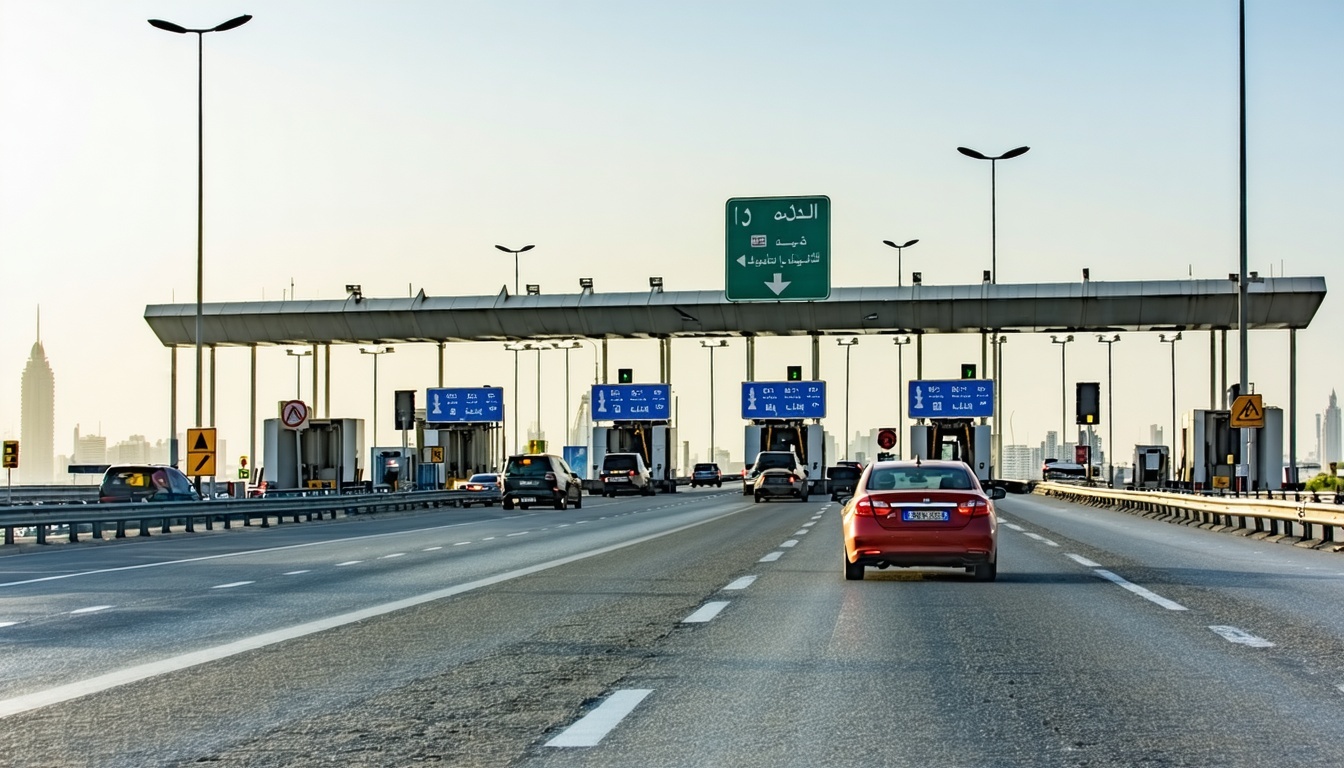 Dubai highway toll gate with vehicles passing through