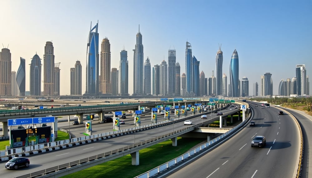 Dubai skyline with highways and toll gates