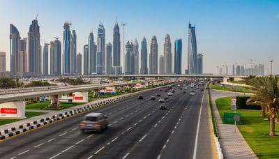 Dubai skyline with highways and road toll stations