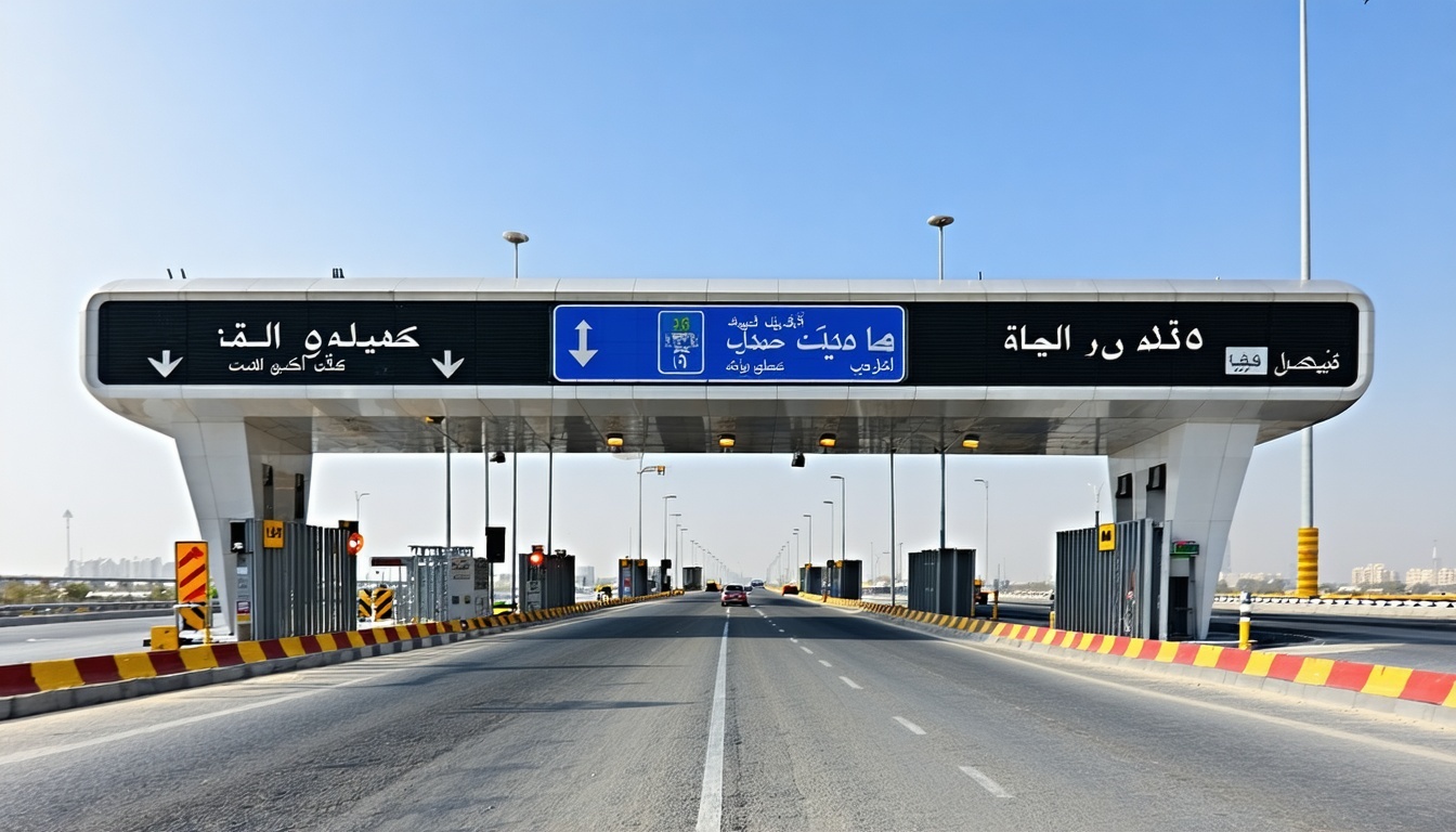 Modern toll gate in Dubai with clear signage