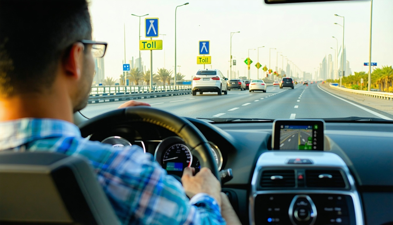 Tourist driving rental car using Dubai toll system